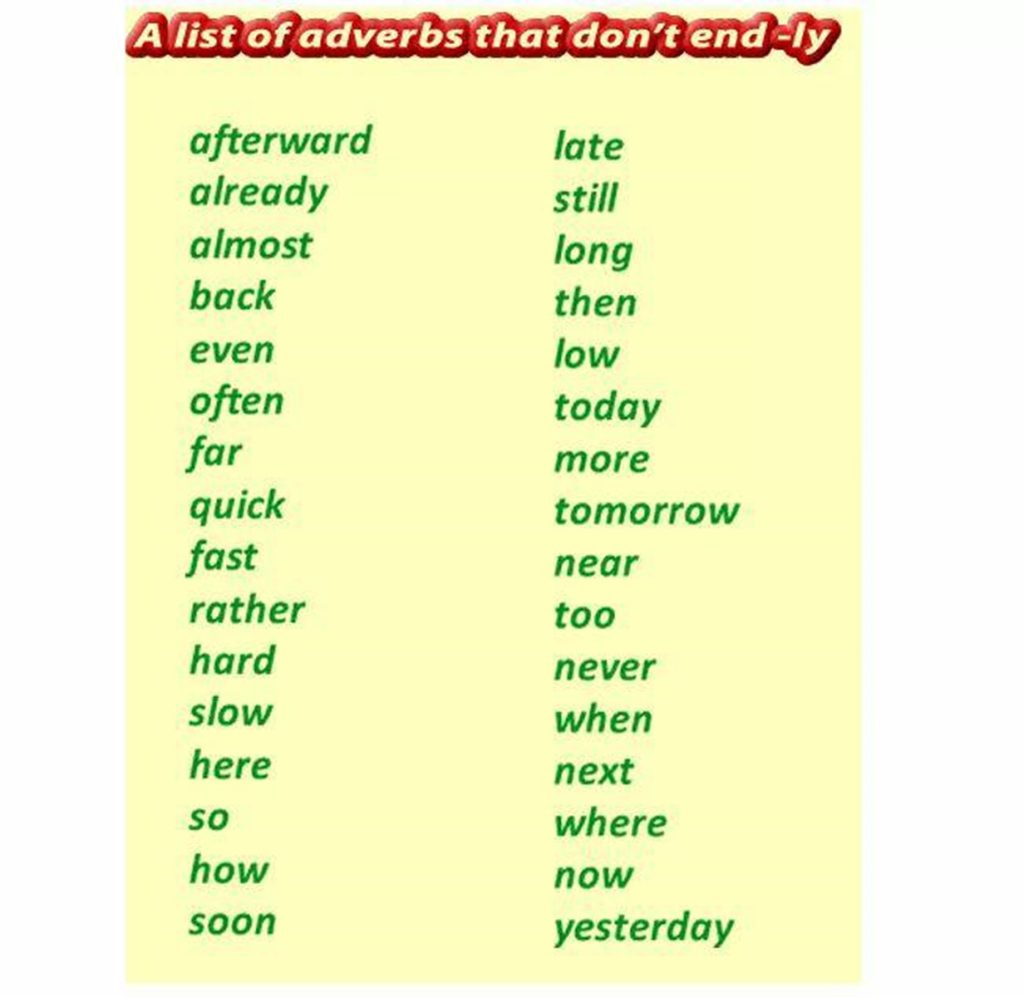 adverbs that don't end in ly list